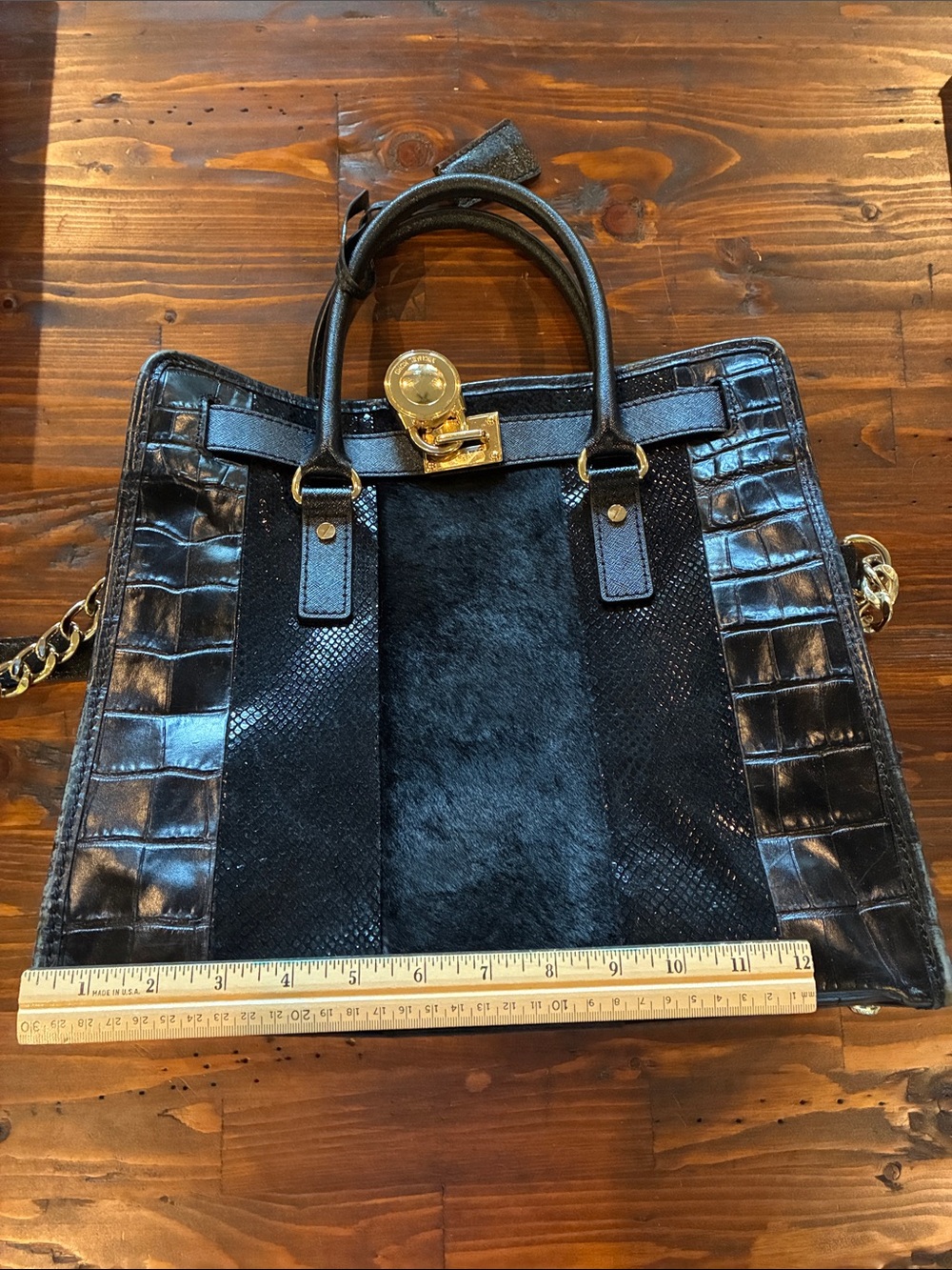 Michael Kors Black Mixed-Texture Shoulder Bag with Gold Hardware - Picture 12 of 13